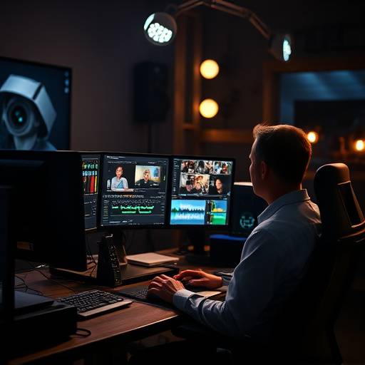 Un monteur travaillant sur un projet de film sur un ordinateur avec plusieurs écrans.