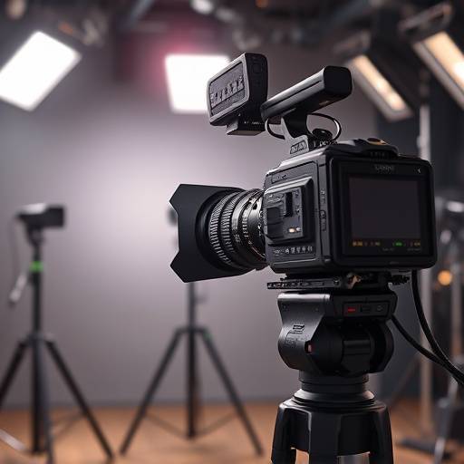 Une caméra professionnelle pointée sur un plateau de tournage avec des lumières.